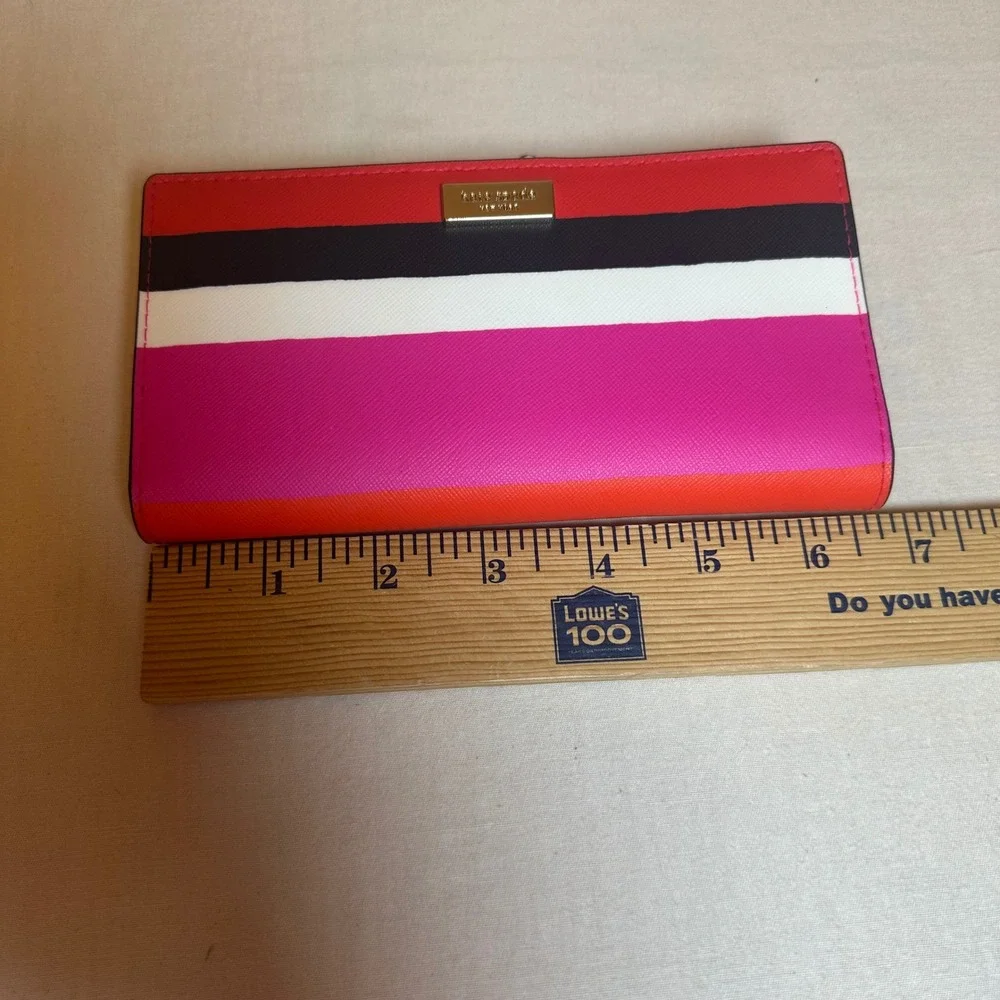 Kate‎ Spade New York Striped Saffiano Leather Bifold Slim Wallet Red Pink Black